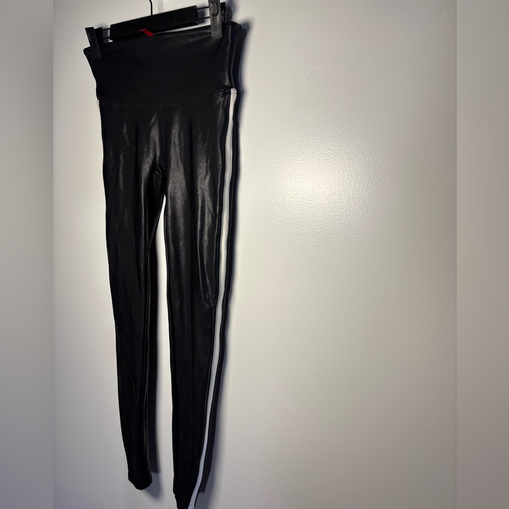 SPANX Black Faux Leather with white Leggings with Red Logo Ribbon